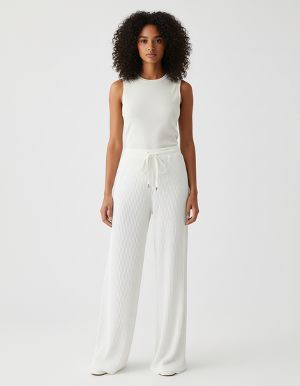 Pantalon Blanc Côtelé Fluide Décontracté Femme - Maille