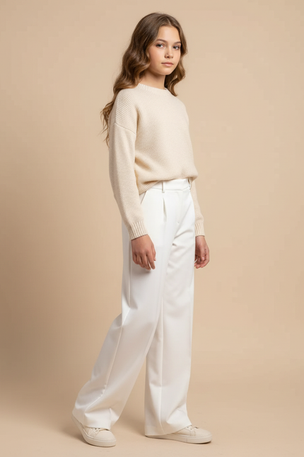 Pantalon Blanc Droit Ample Élégant Fille - Satin
