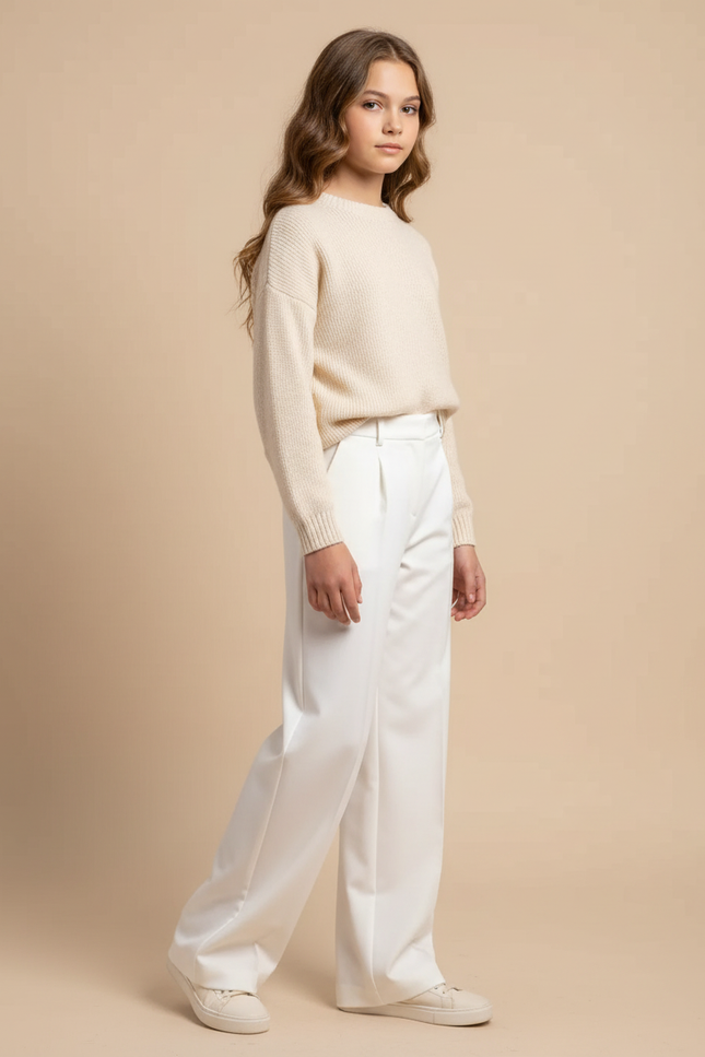 Pantalon Blanc Droit Ample Élégant Fille - Satin