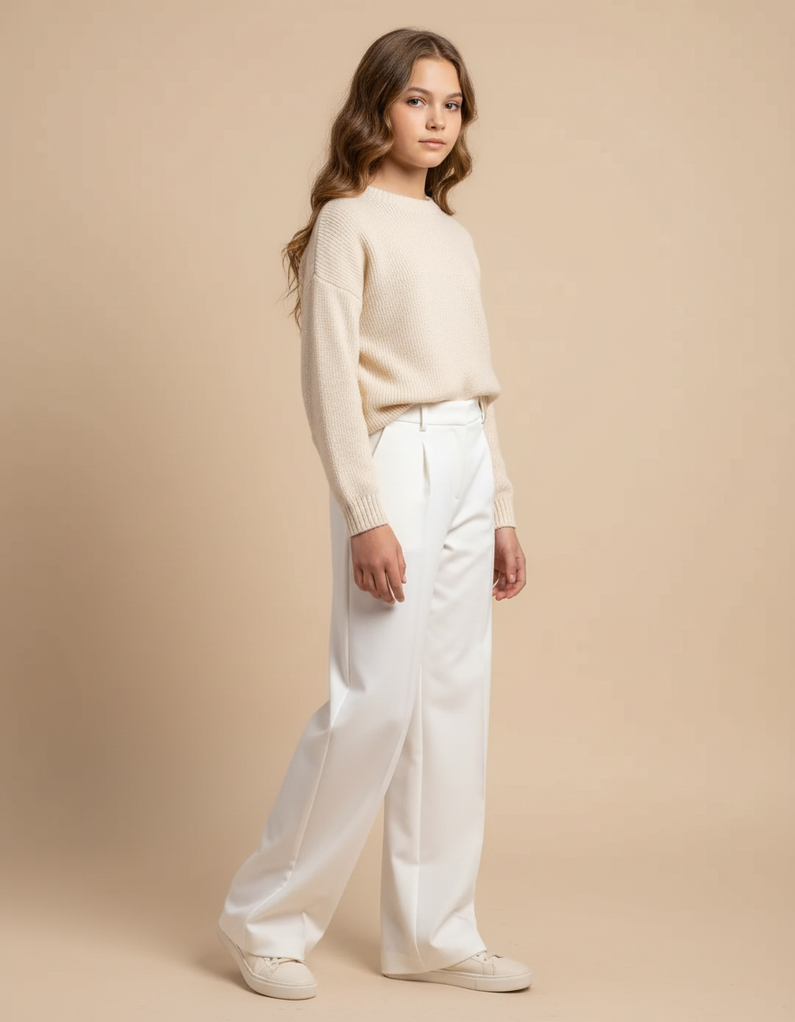 Pantalon Blanc Droit Ample Élégant Fille - Satin