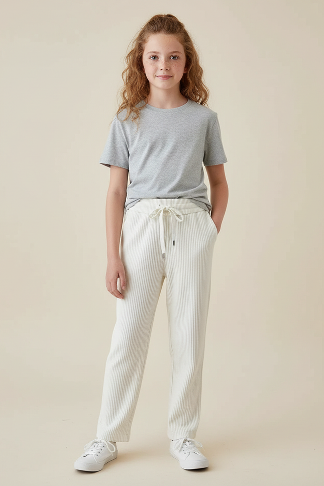 Pantalon Blanc Côtelé Droit Ample Confortable Enfant - Maille