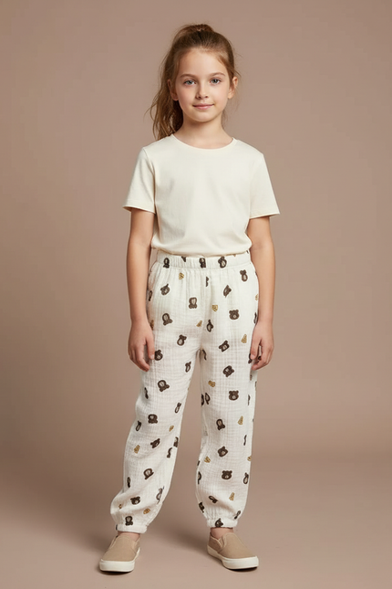 Pantalon Blanc Mousseline Motif Ours Enfant Ample - Coton