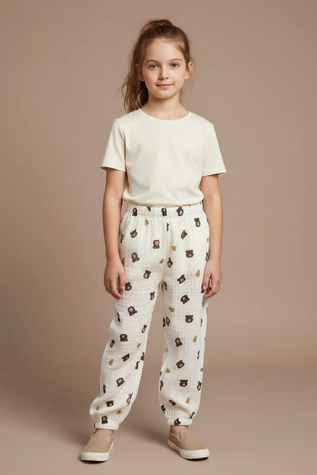 Pantalon Blanc Mousseline Motif Ours Enfant Ample - Coton