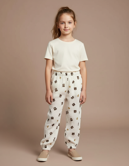Pantalon Blanc Mousseline Motif Ours Enfant Ample - Coton