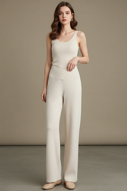 Pantalon Blanc Côtelé Ample Confortable Élégant Femme - Beige Maille