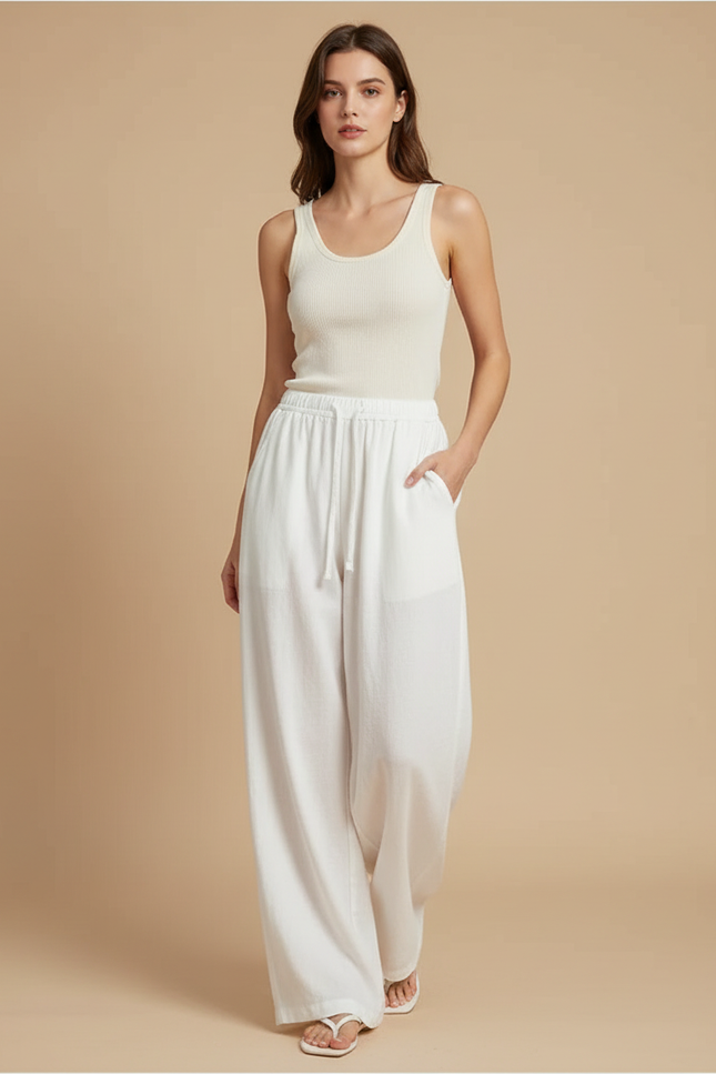 Pantalon Blanc Fluide Ample Lin Coton Femme