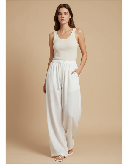 Pantalon Blanc Fluide Ample Lin Coton Femme