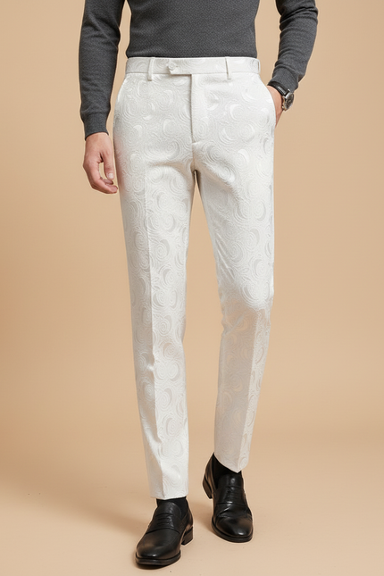 Pantalon Blanc Jacquard Homme Slim Élégant Formel - Polyester