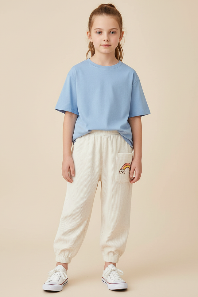 Pantalon Blanc Côtelé Décontracté Arc-en-ciel Fille - Beige Cordé
