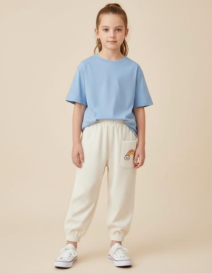 Pantalon Blanc Côtelé Décontracté Arc-en-ciel Fille - Beige Cordé
