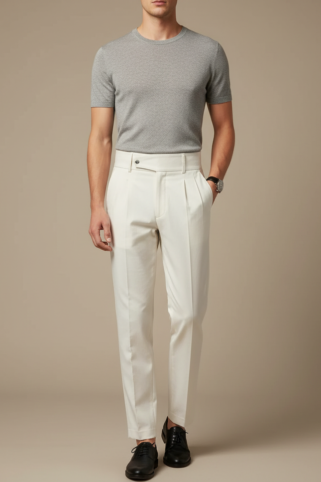 Pantalon Blanc Homme Plissé Habillé Élégant - Gabardine