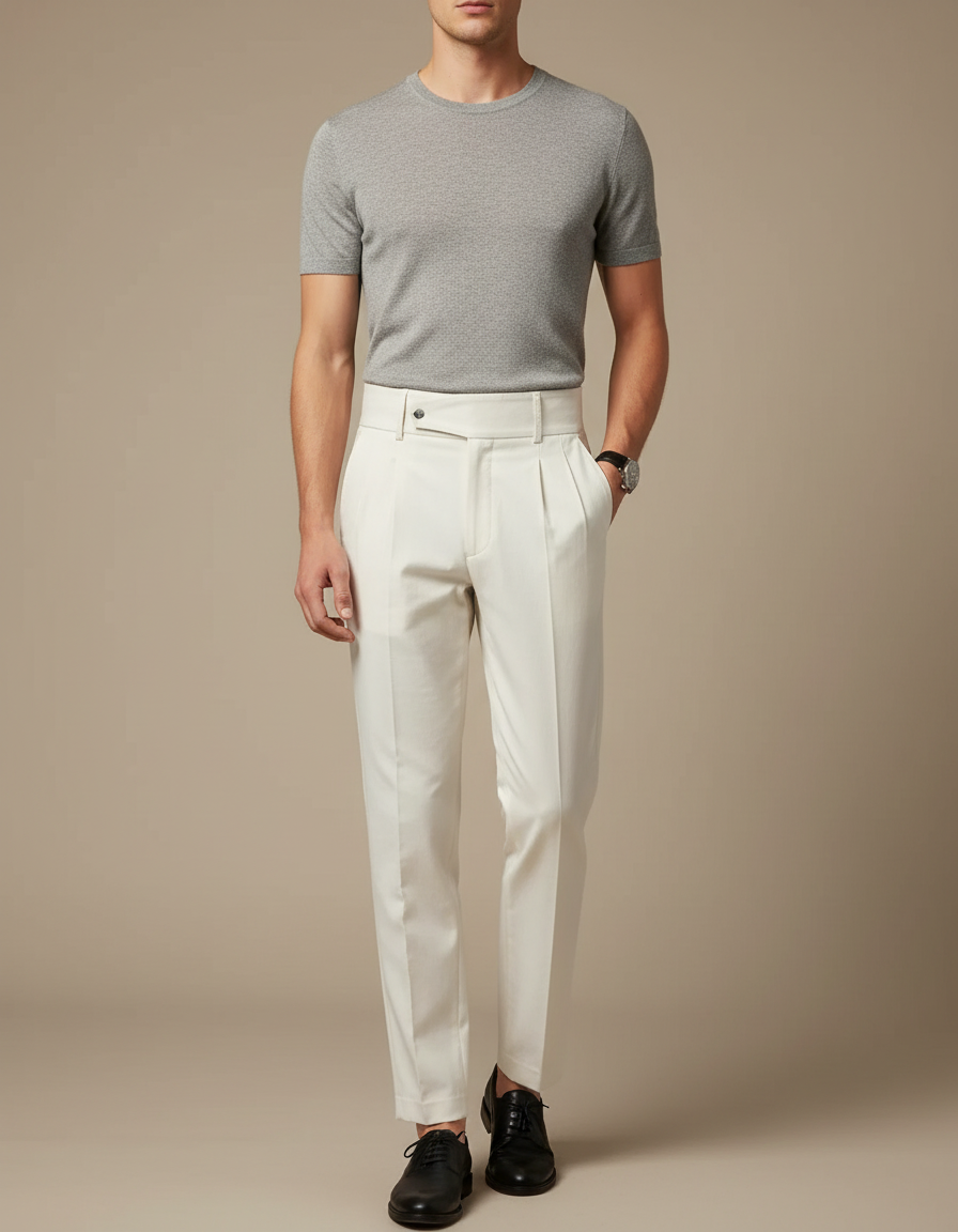 Pantalon Blanc Homme Plissé Habillé Élégant - Gabardine