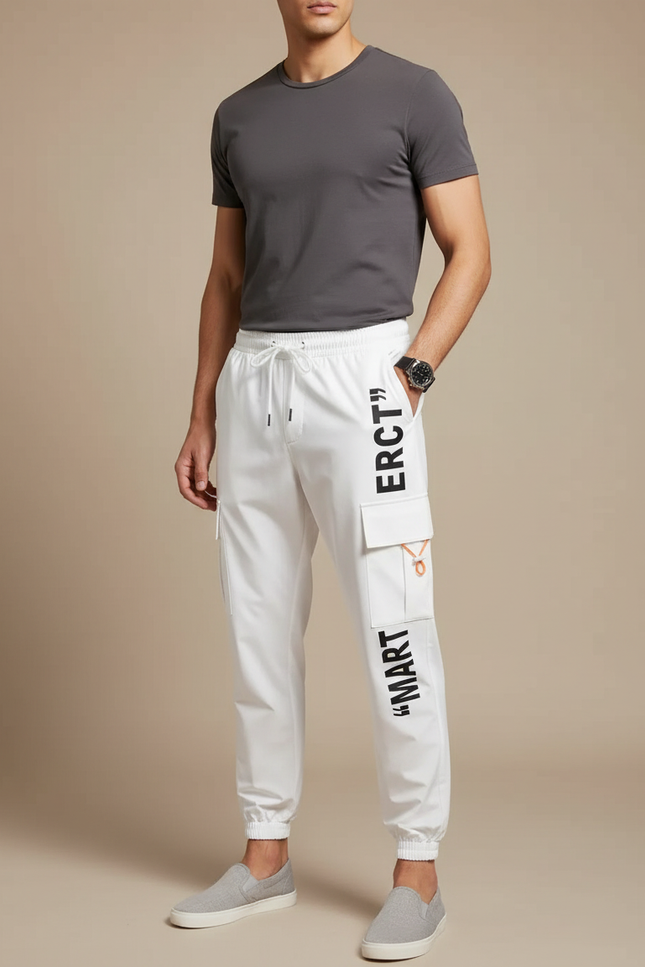 Pantalon Blanc Cargo Streetwear Lettres Imprimées Homme - Polyester