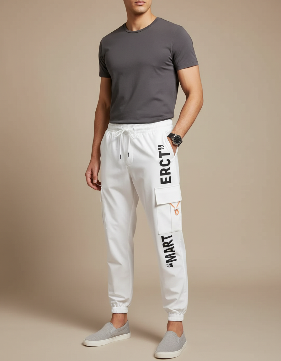 Pantalon Blanc Cargo Streetwear Lettres Imprimées Homme - Polyester