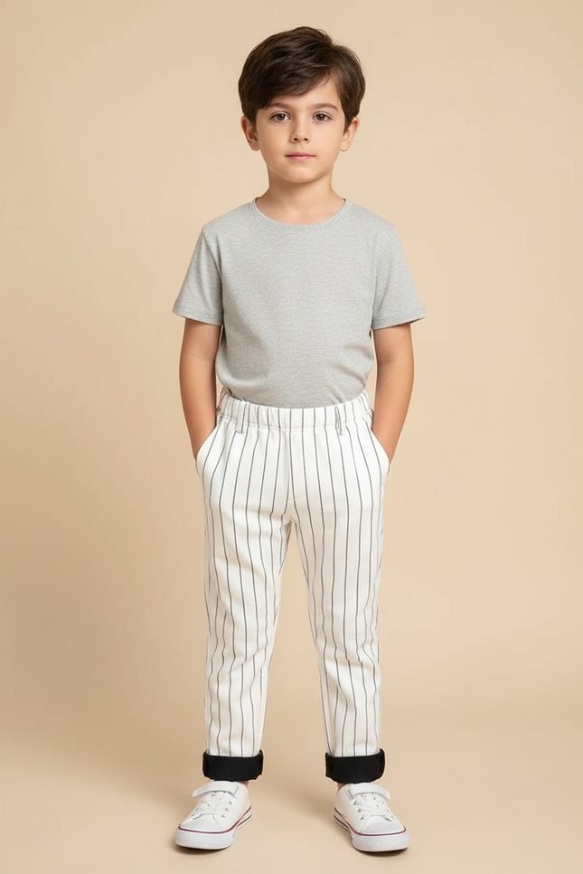 Pantalon Blanc Rayures Fines Droites Garçon Élégant - Coton