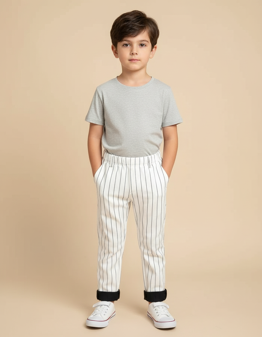 Pantalon Blanc Rayures Fines Droites Garçon Élégant - Coton