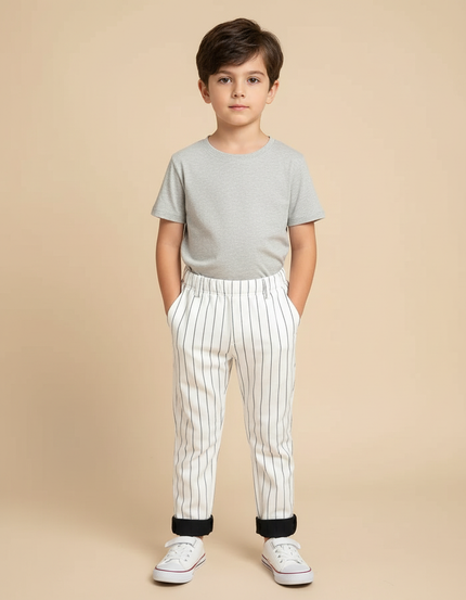 Pantalon Blanc Rayures Fines Droites Garçon Élégant - Coton