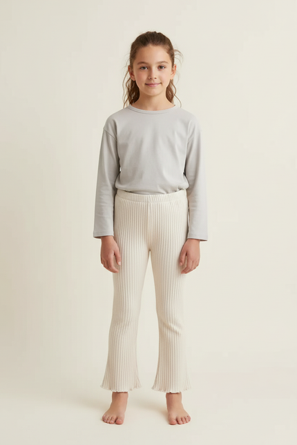 Pantalon Blanc Côtelé Évasé Enfant Confortable - Beige Maille