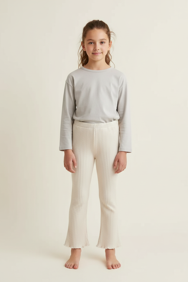 Pantalon Blanc Côtelé Évasé Enfant Confortable - Beige Maille
