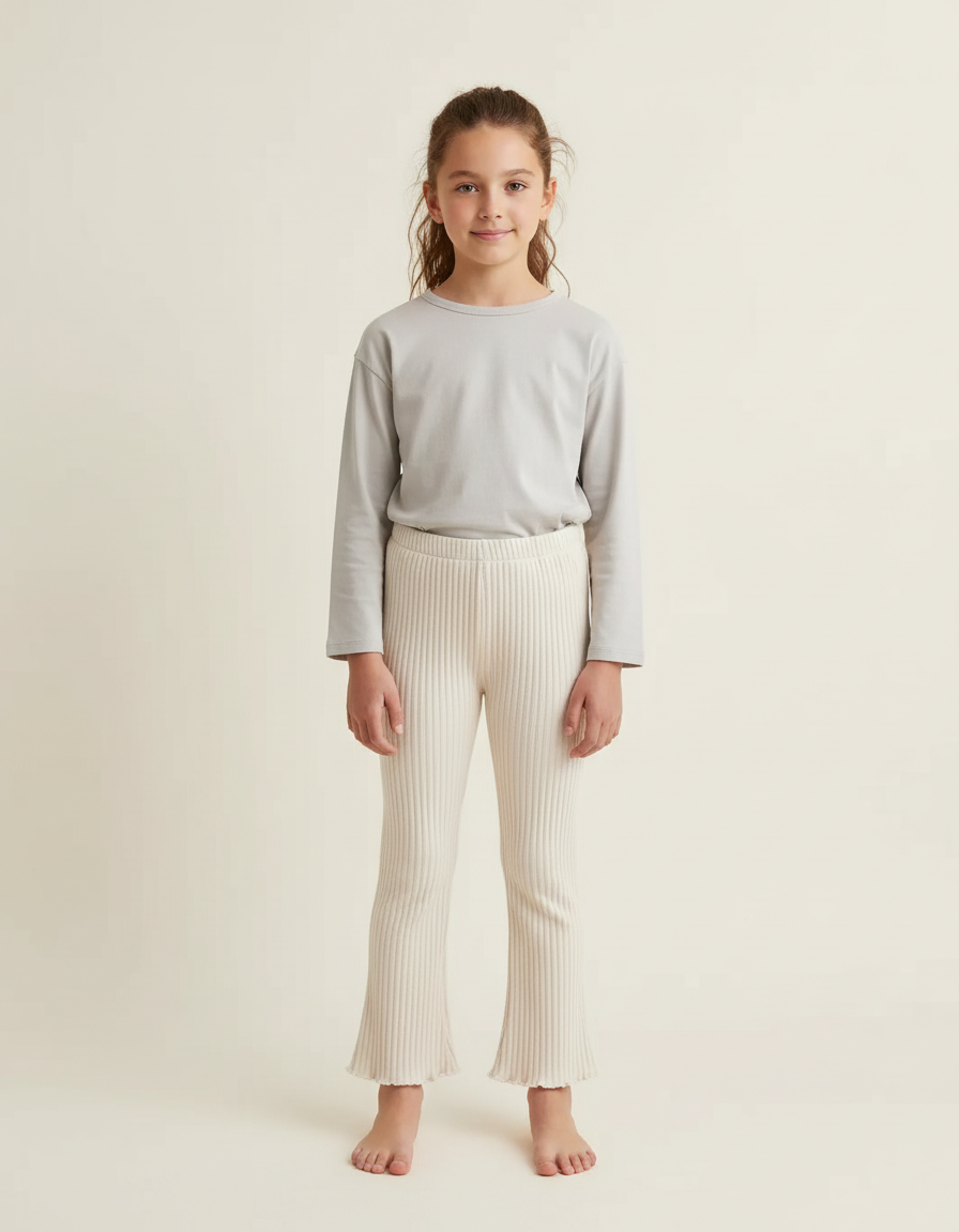 Pantalon Blanc Côtelé Évasé Enfant Confortable - Beige Maille