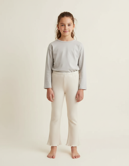 Pantalon Blanc Côtelé Évasé Enfant Confortable - Beige Maille