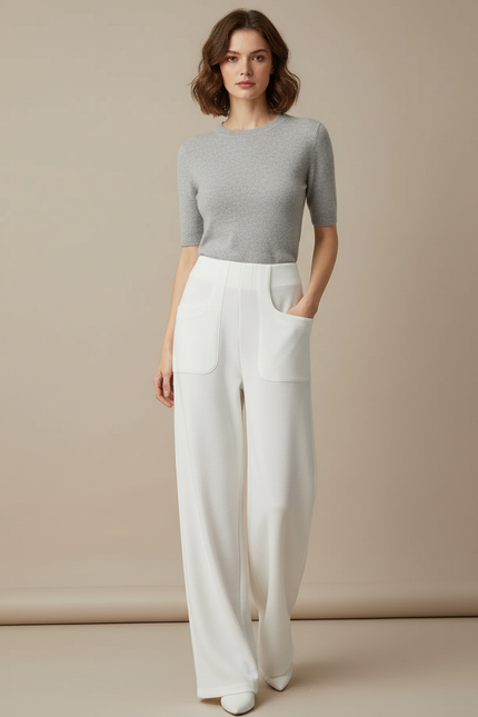 Pantalon Blanc Évasé Taille Haute Élégant Femme - Polyester