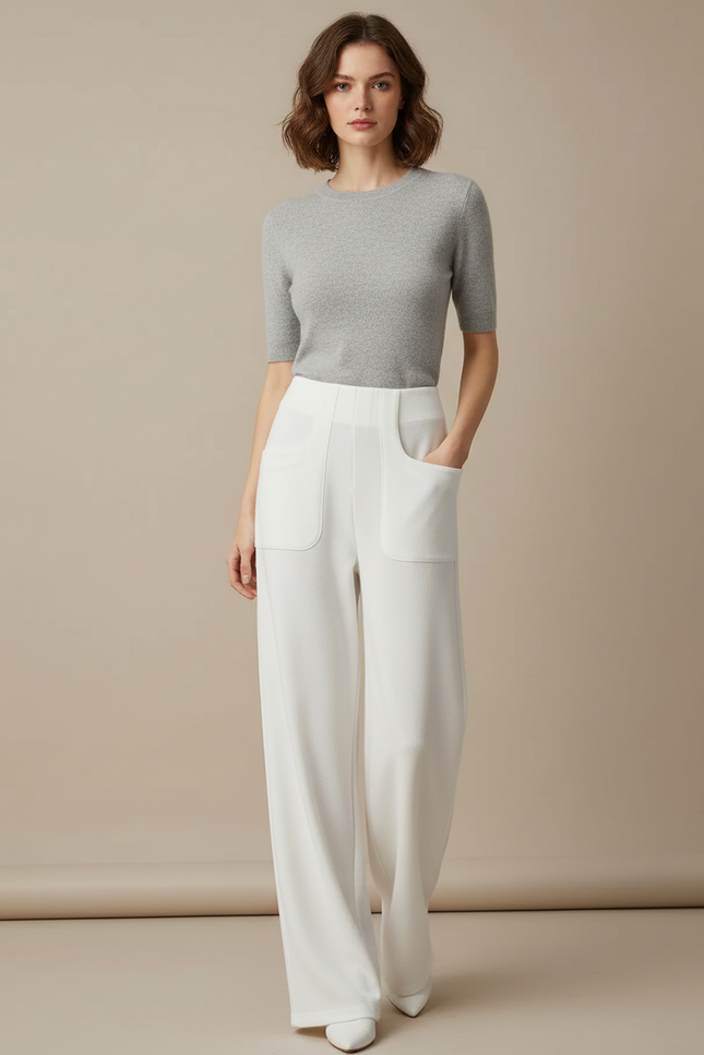 Pantalon Blanc Évasé Taille Haute Élégant Femme - Polyester