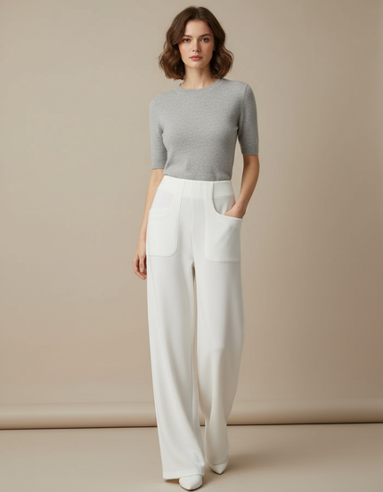 Pantalon Blanc Évasé Taille Haute Élégant Femme - Polyester