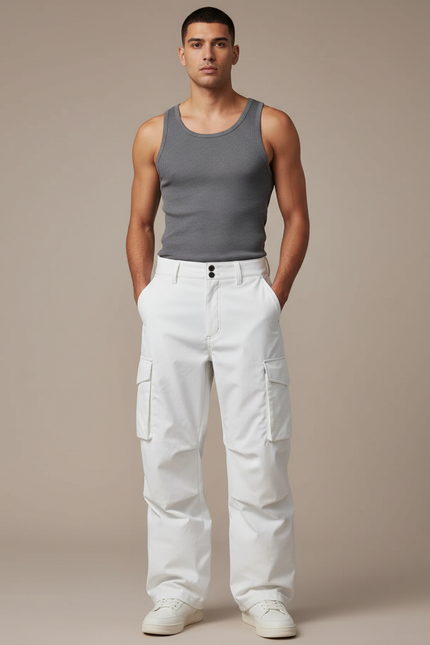 Pantalon Blanc Cargo Décontracté Homme Ample - Toile