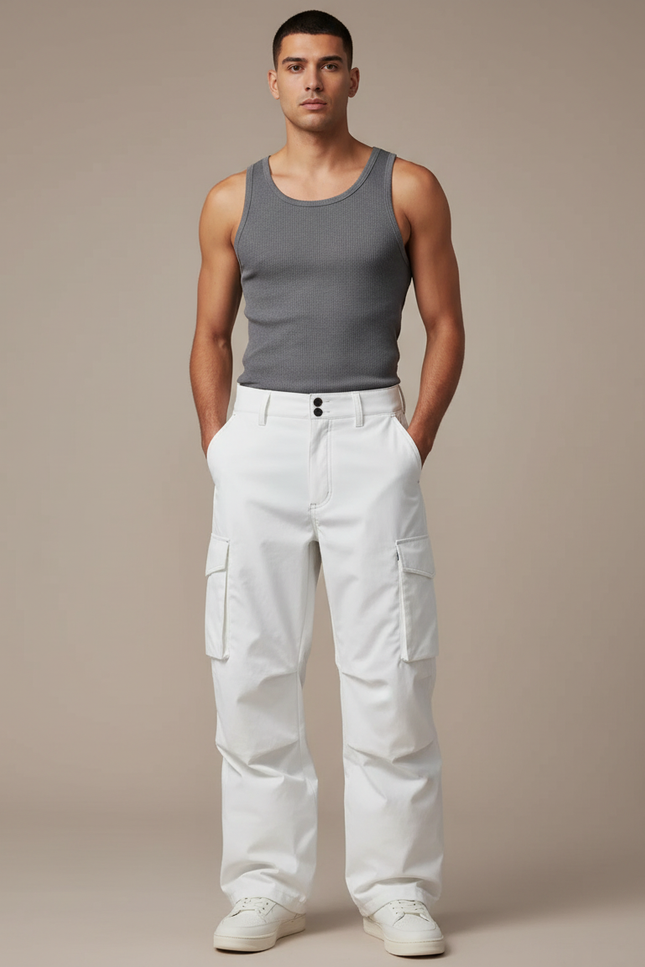Pantalon Blanc Cargo Décontracté Homme Ample - Toile