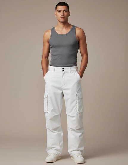 Pantalon Blanc Cargo Décontracté Homme Ample - Toile