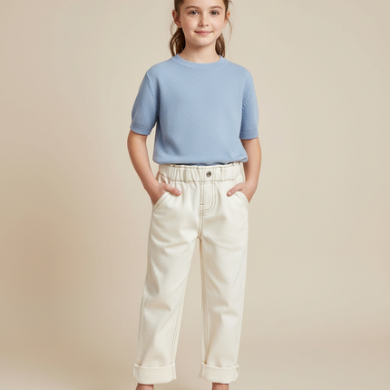 Pantalon Blanc Écru Décontracté Enfant Coton - Beige Toile