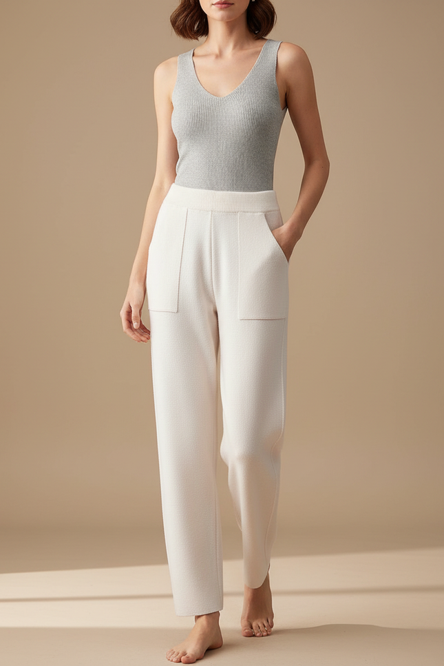 Pantalon Blanc Tricoté Ample Taille Haute Décontracté - Maille