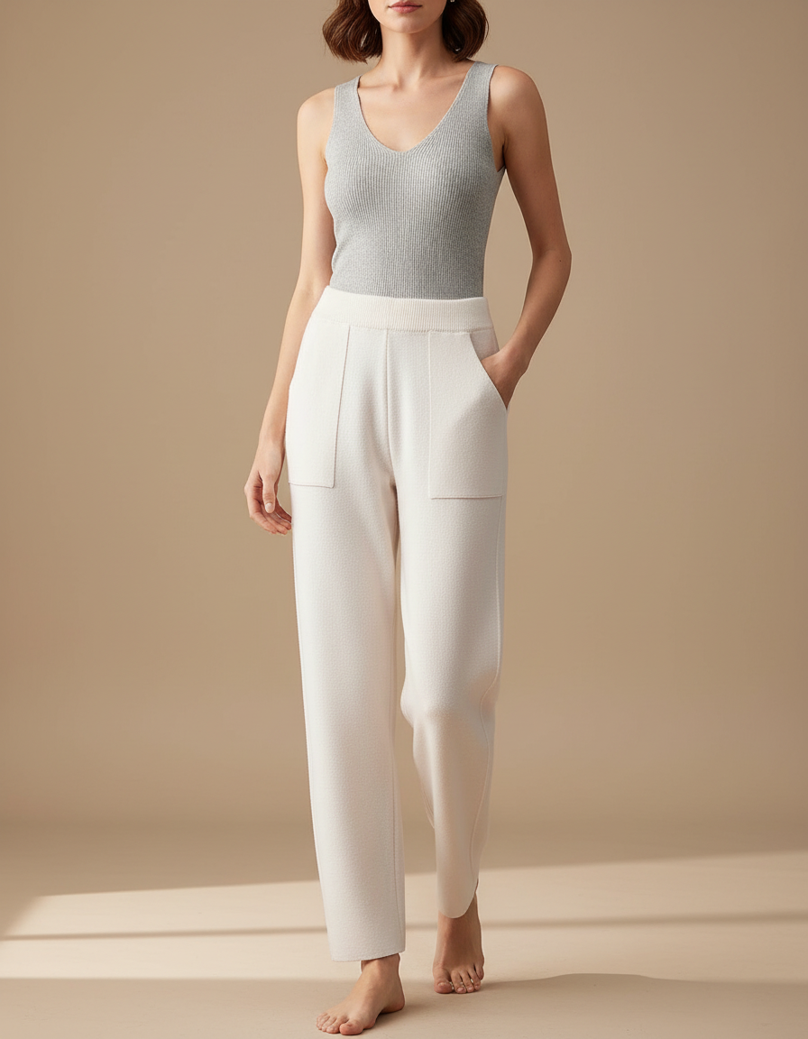 Pantalon Blanc Tricoté Ample Taille Haute Décontracté - Maille