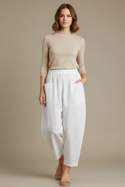 Pantalon Blanc Coton Ample Décontracté Femme Fluide - Lin