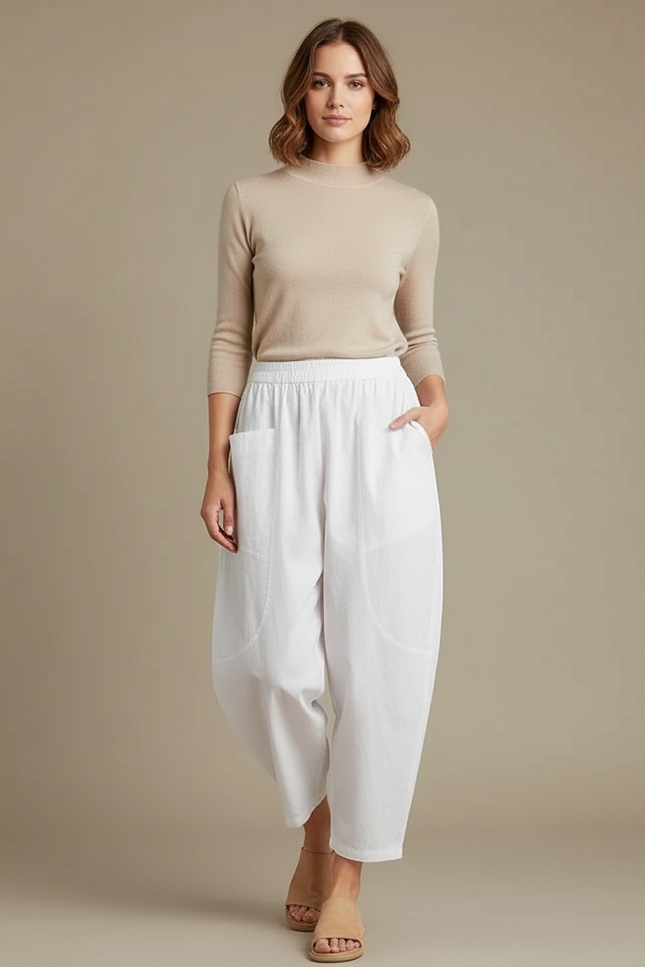 Pantalon Blanc Coton Ample Décontracté Femme Fluide - Lin