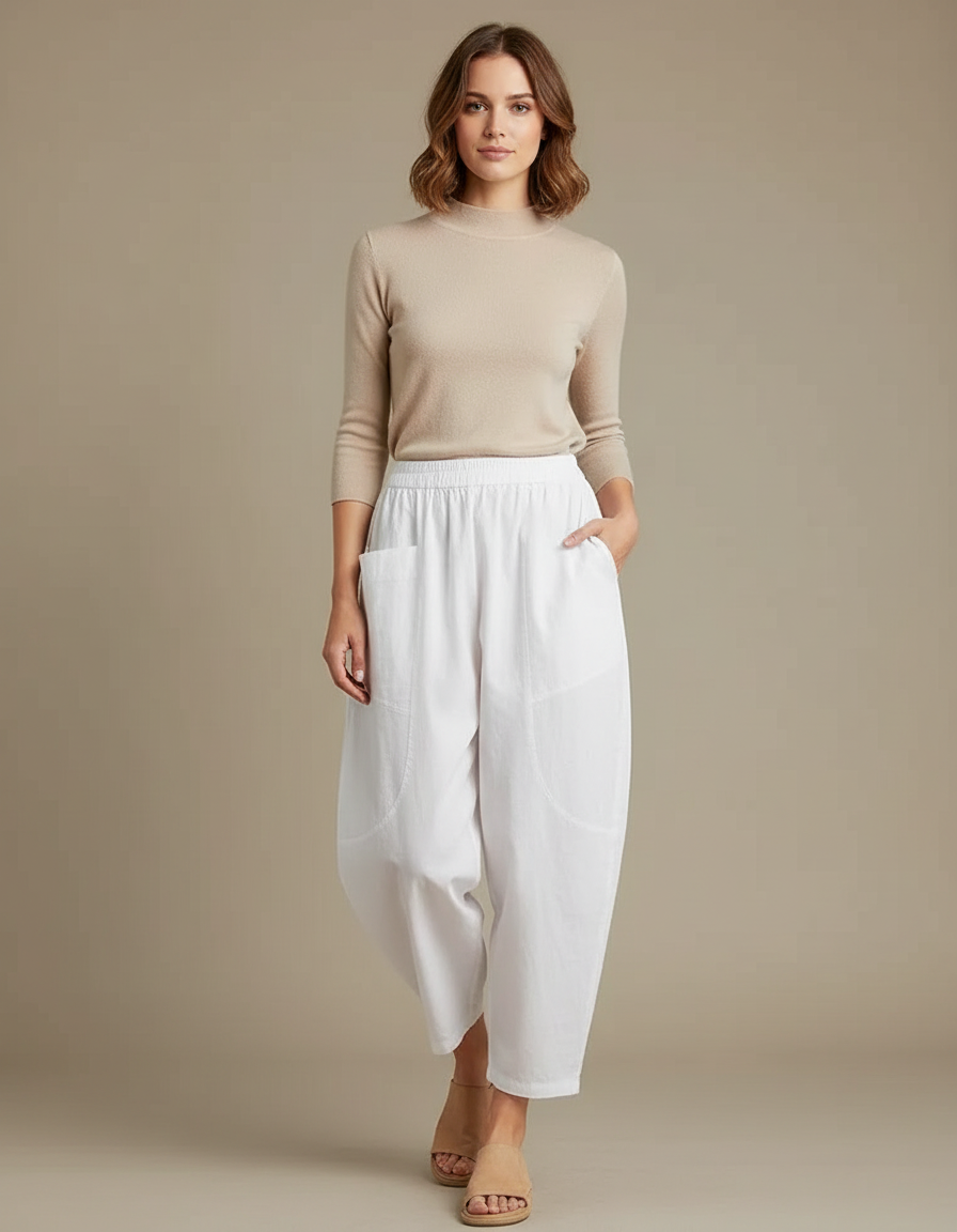 Pantalon Blanc Coton Ample Décontracté Femme Fluide - Lin