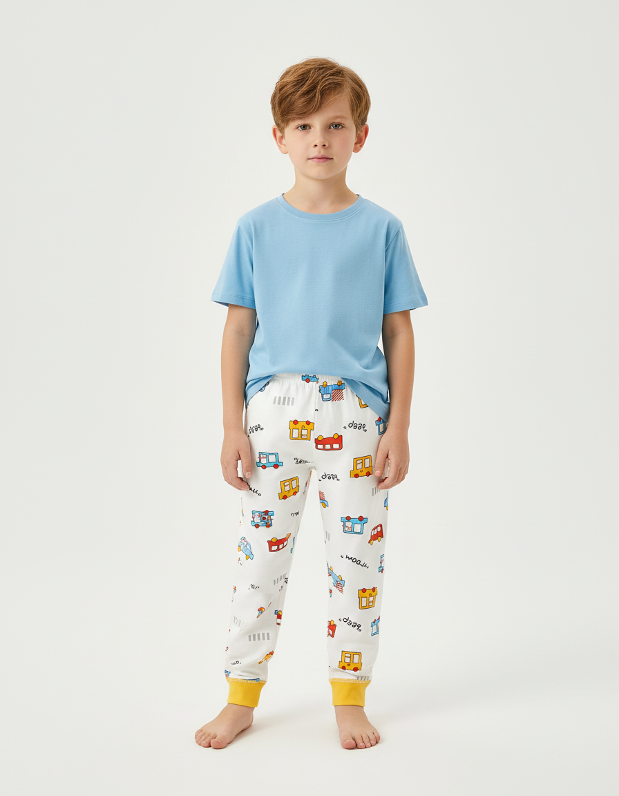 Pantalon Blanc Enfant Imprimé Voitures Coton Confortable