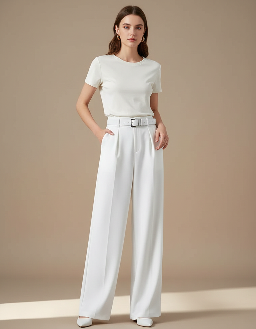 Pantalon Blanc Ceinture - Gabardine