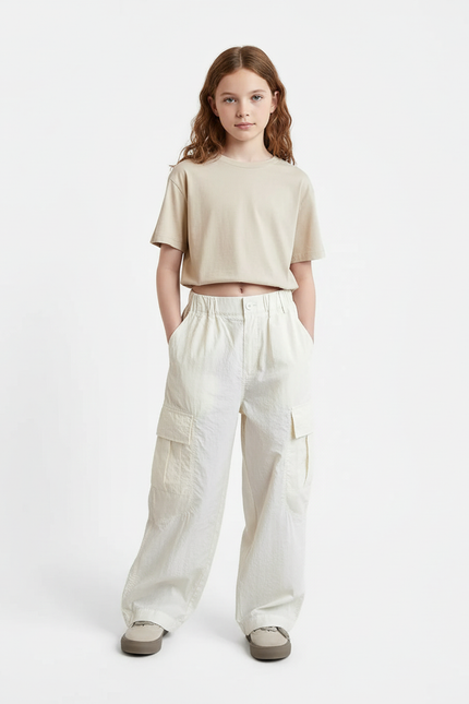 Pantalon Blanc Cargo Ample Décontracté Poches - Polyester