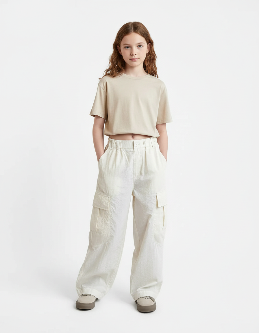 Pantalon Blanc Cargo Ample Décontracté Poches - Polyester