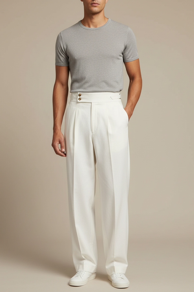 Pantalon Blanc Plissé Ample Homme Élégant Décontracté - Lin