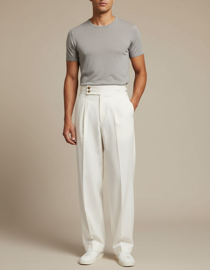 Pantalon Blanc Plissé Ample Homme Élégant Décontracté - Lin