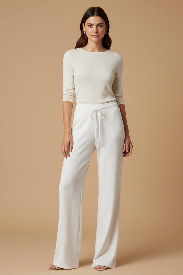 Pantalon Blanc Large Fluide Cordon Décontracté - Molleton