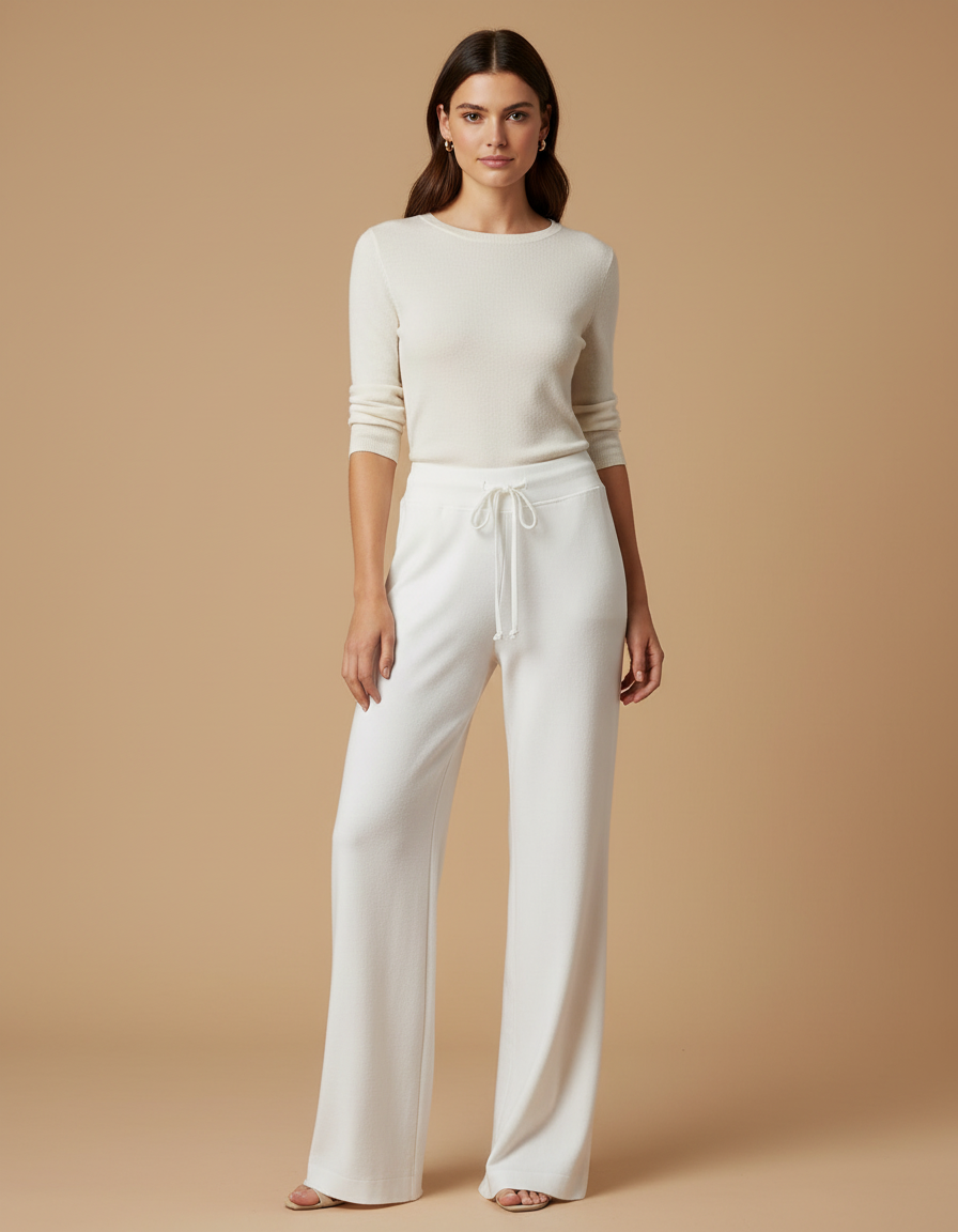 Pantalon Blanc Large Fluide Cordon Décontracté - Molleton