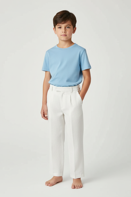 Pantalon Blanc Lin Plissé Garçon Élégant Décontracté