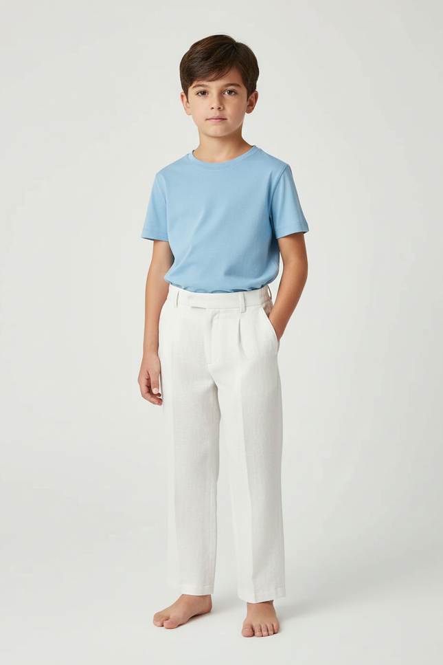 Pantalon Blanc Lin Plissé Garçon Élégant Décontracté