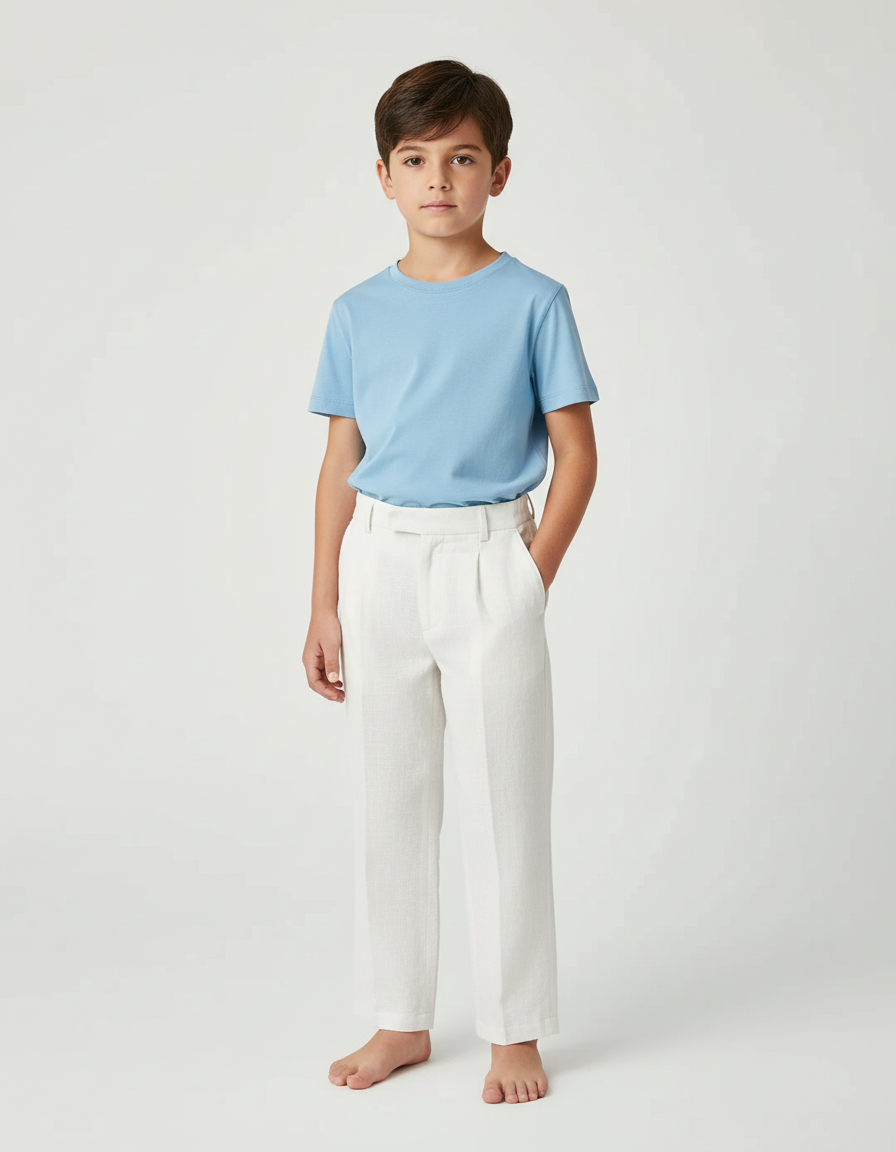 Pantalon Blanc Lin Plissé Garçon Élégant Décontracté