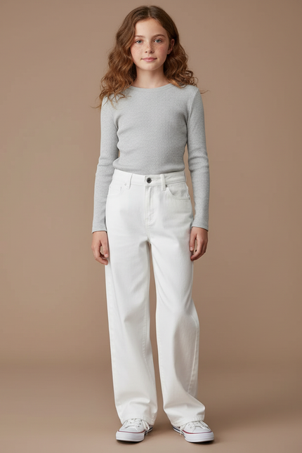 Pantalon Blanc Jean Droit Fille Décontracté
