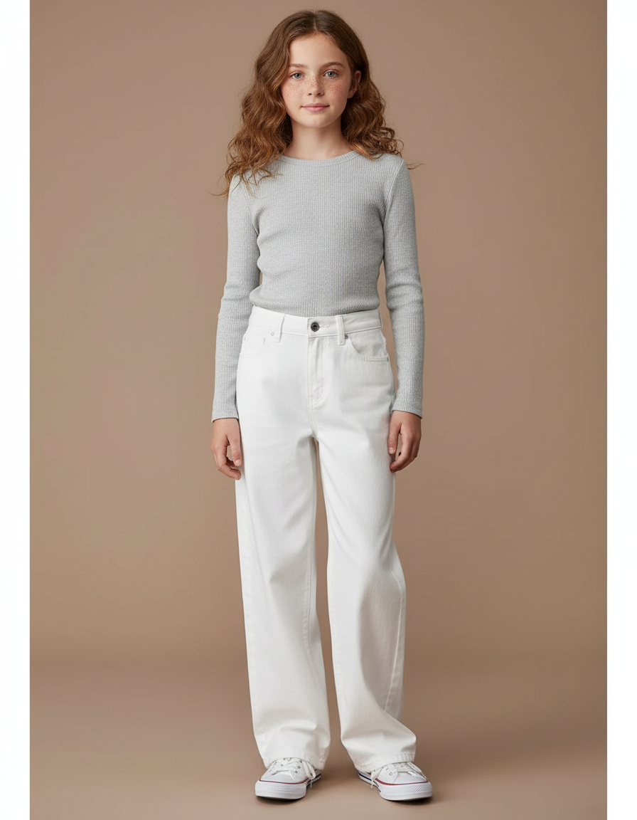 Pantalon Blanc Jean Droit Fille Décontracté